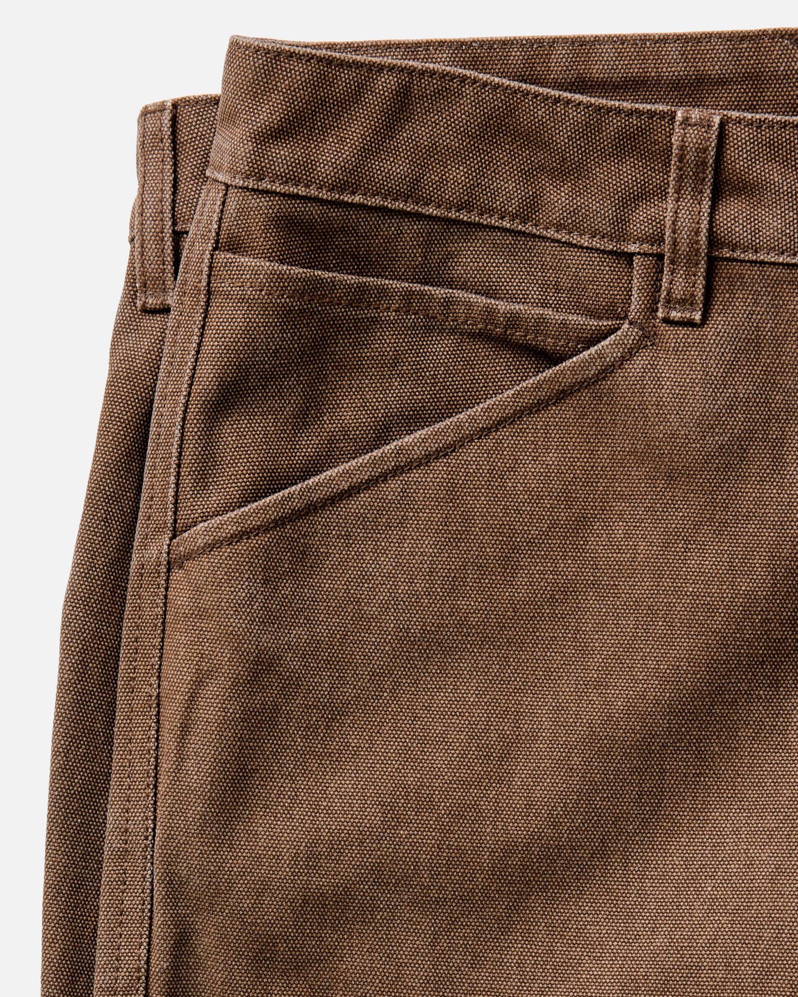 material shot of the button fly on The Chore Pant in Aged Penny Chipped Canvas, Bottoms by Taylor Stitch