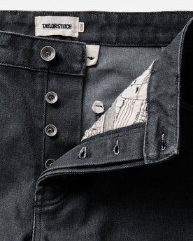 material shot of the waistband on The Chore Pant in Coal Chipped Canvas, Bottoms by Taylor Stitch