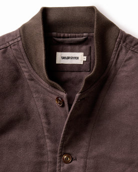 material shot of the collar on The Clark Bomber in Soil Moleskin, Outerwear by Taylor Stitch
