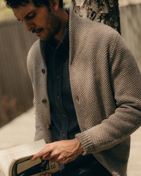 fit model posing in The Crawford Sweater in Coffee Twist, Knits by Taylor Stitch