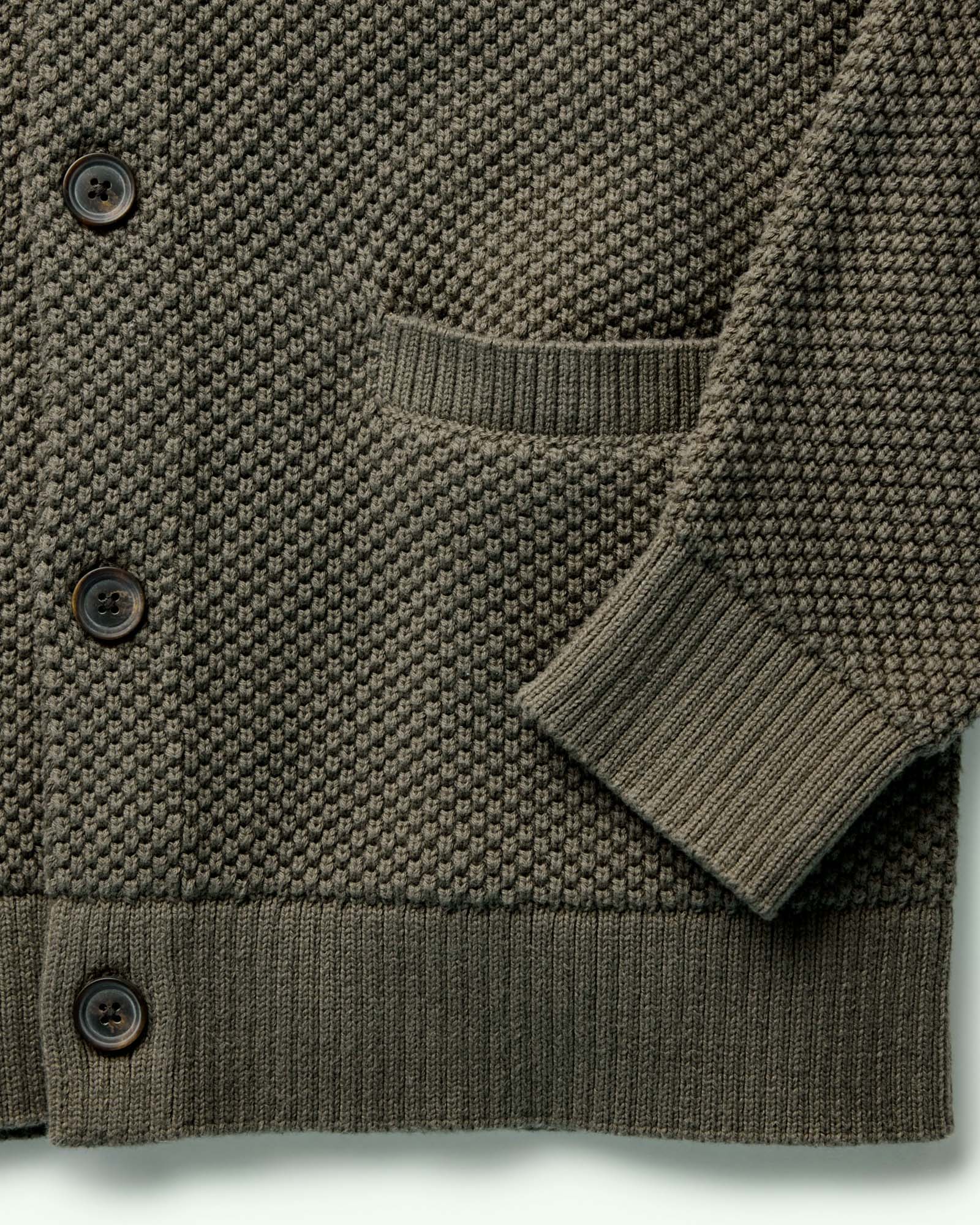 material shot of the cuffs on The Crawford Sweater in Fatigue Olive, Knits by Taylor Stitch