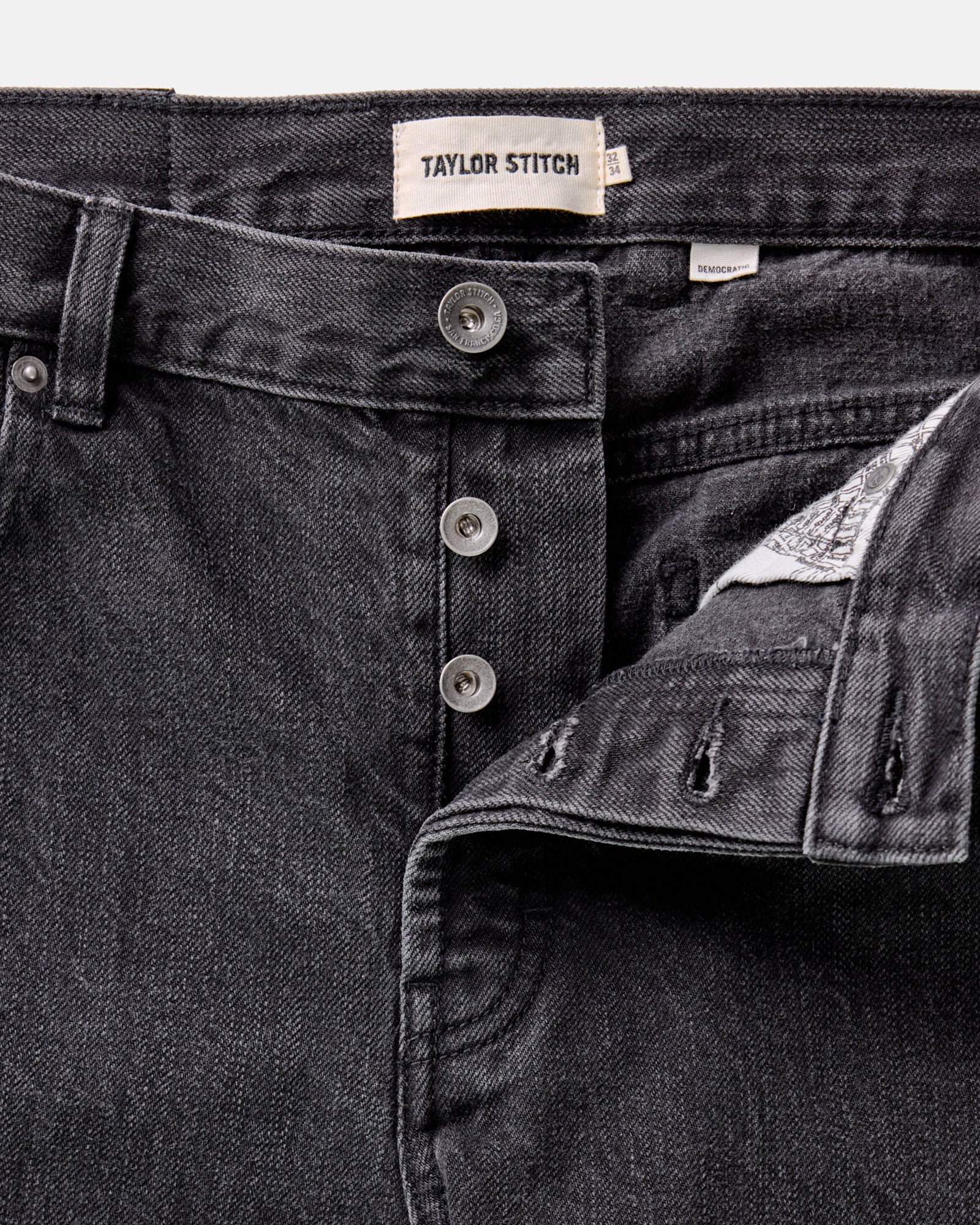 material shot of the button fly on The Democratic Jean in Washed Black Organic Slub Selvedge, Bottoms by Taylor Stitch