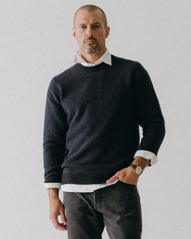 fit model showing off The Eddy Crew in Heather Marine Herringbone, Knits by Taylor Stitch