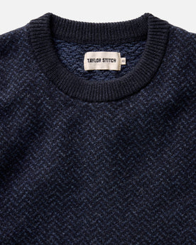 material shot of the collar on The Eddy Crew in Heather Marine Herringbone, Knits by Taylor Stitch