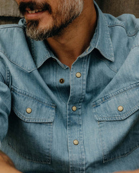 fit model showing of the collar on The Glacier Shirt in Washed Indigo Denim, Wovens by Taylor Stitch