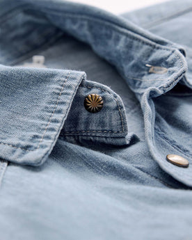 material shot of the collar on The Glacier Shirt in Washed Indigo Denim, Wovens by Taylor Stitch