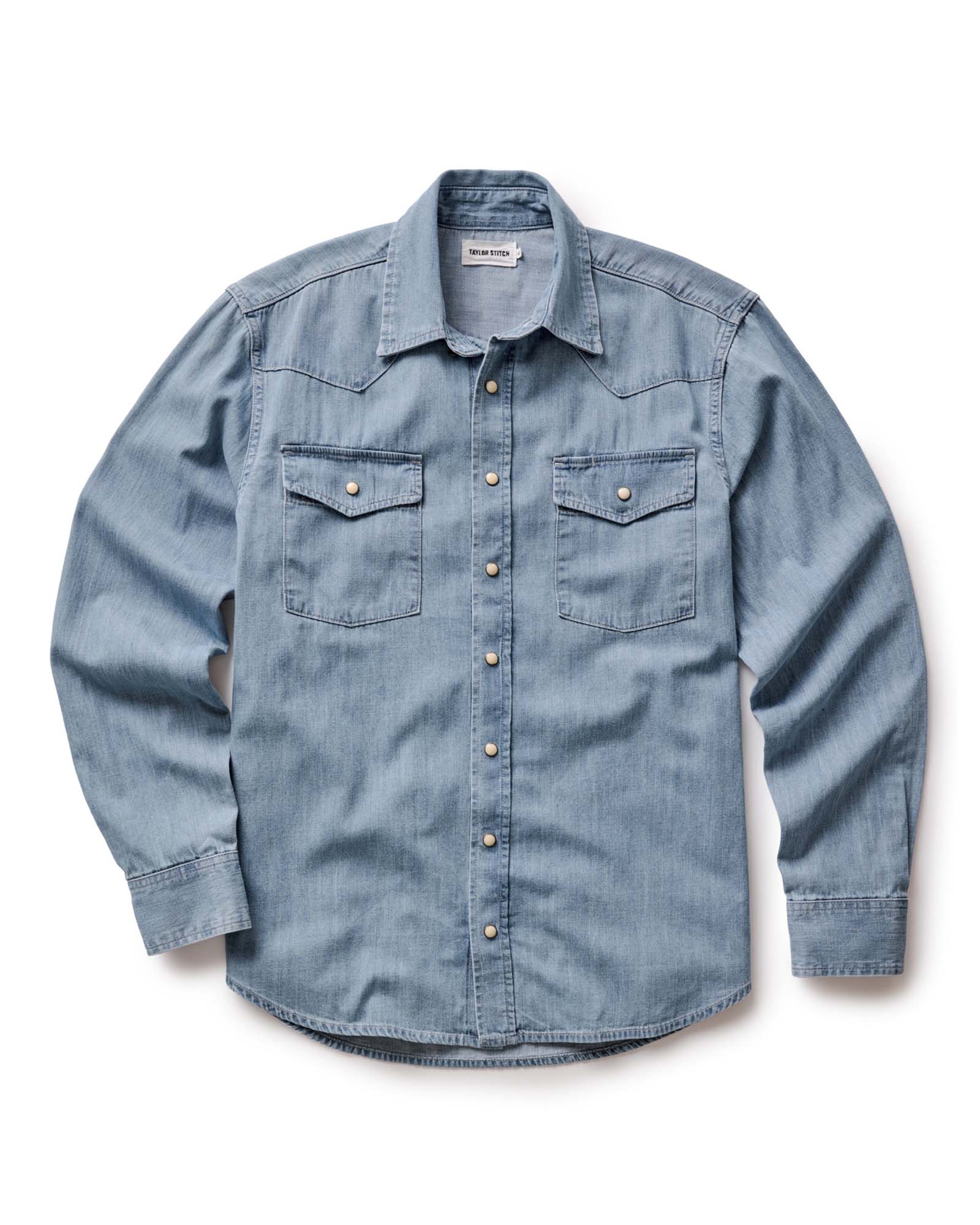 flatlay of The Glacier Shirt in Washed Indigo Denim, Wovens by Taylor Stitch