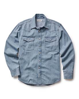 flatlay of The Glacier Shirt in Washed Indigo Denim, Wovens by Taylor Stitch