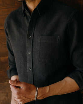 fit model posing in The Jack in Coal Waffle, Wovens by Taylor Stitch