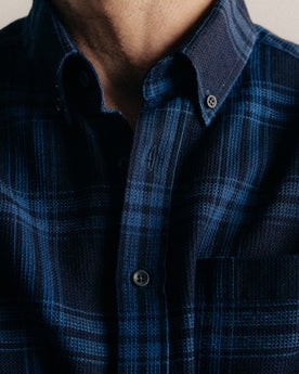 fit model showing off the collar on The Jack in Deep Indigo Plaid Waffle, Wovens by Taylor Stitch