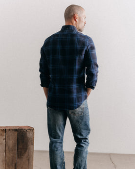 fit model posing in The Jack in Deep Indigo Plaid Waffle, Wovens by Taylor Stitch