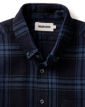material shot of the collar on The Jack in Deep Indigo Plaid Waffle, Wovens by Taylor Stitch