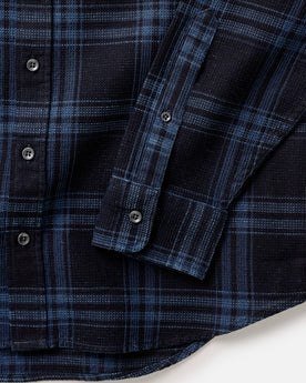material shot of the cuffs on The Jack in Deep Indigo Plaid Waffle, Wovens by Taylor Stitch