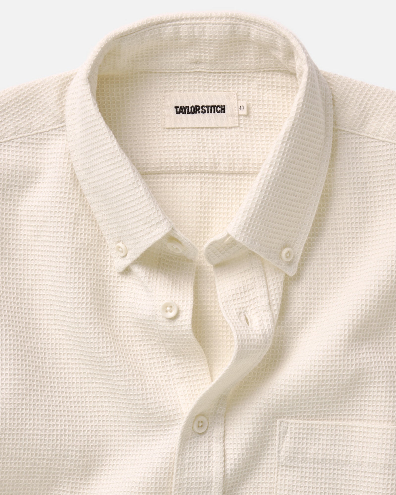 material shot of the collar on The Jack in Vintage White Waffle, Wovens by Taylor Stitch