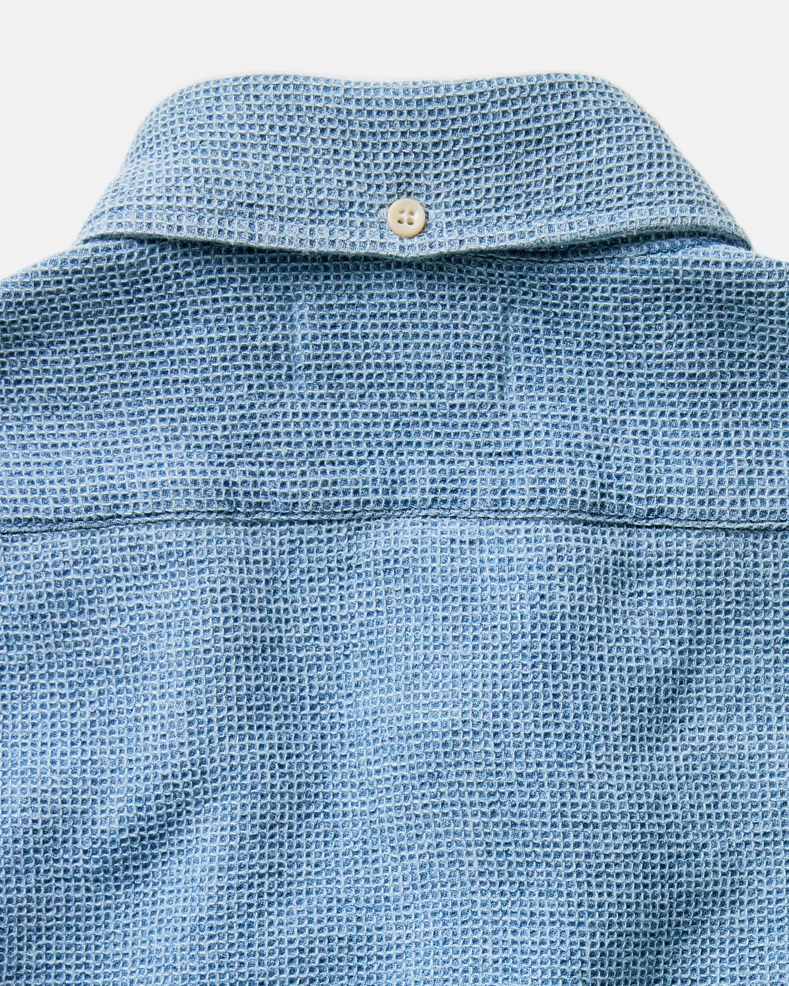editorial image of the back collar on The Jack in Washed Indigo Waffle, Wovens by Taylor Stitch