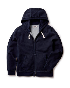 flatlay of The Apres Zip Hoodie in Rinsed Indigo Terry, Knits by Taylor Stitch