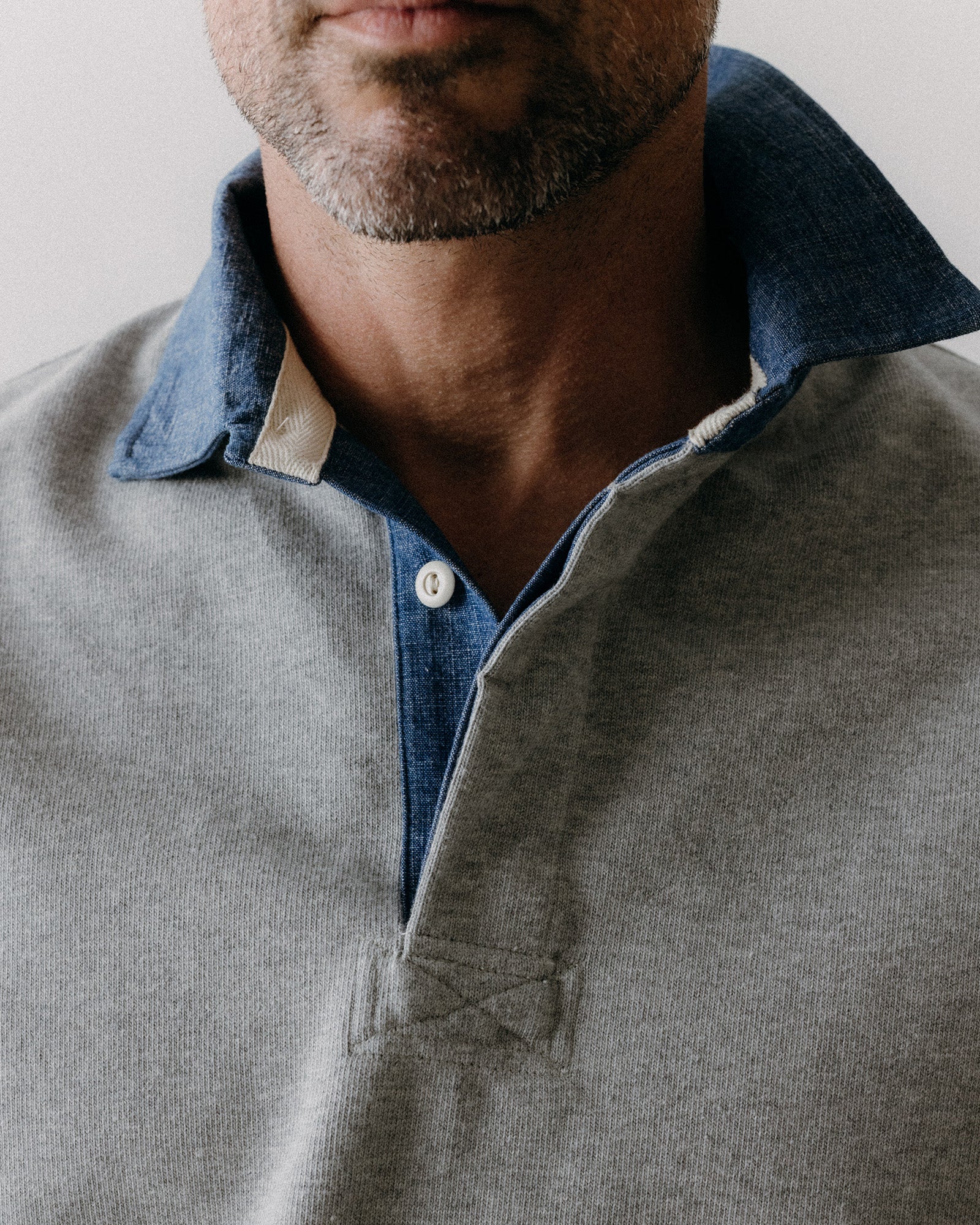 fit model showing off the collar on The Rugby Shirt in Heather Grey, Knits by Taylor Stitch