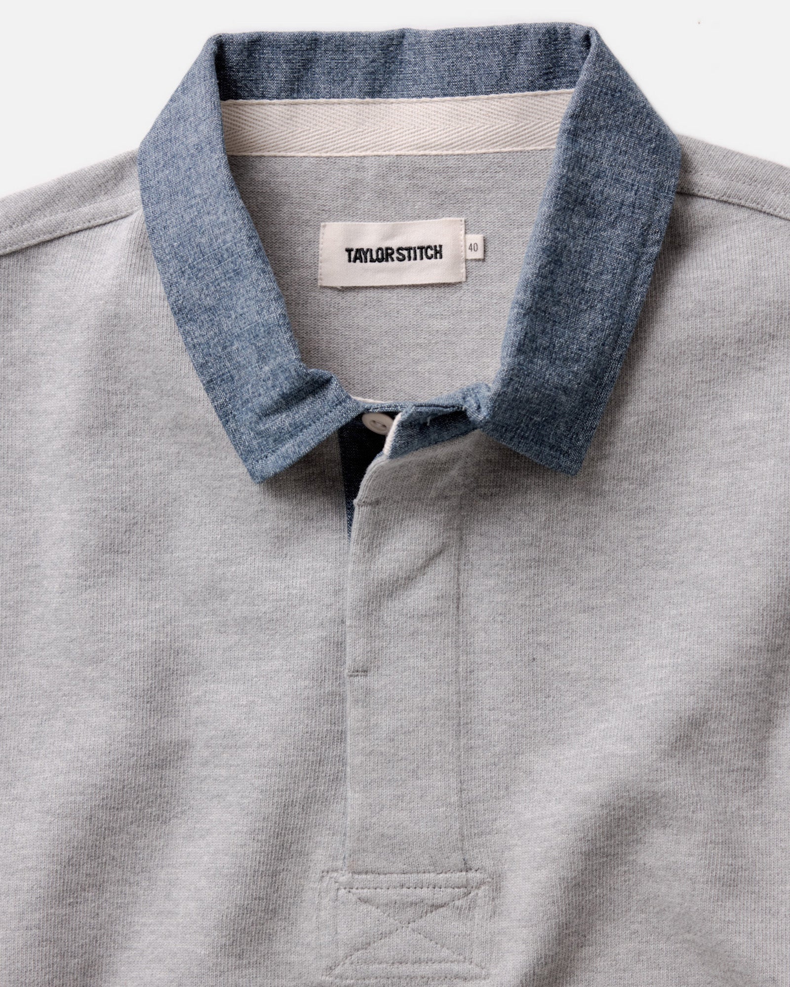 material shot of the collar on The Rugby Shirt in Heather Grey, Knits by Taylor Stitch