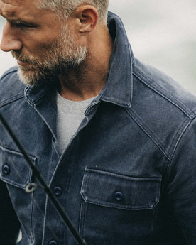fit model showing off collar on The Shop Shirt in Navy Chipped Canvas, Wovens by Taylor Stitch