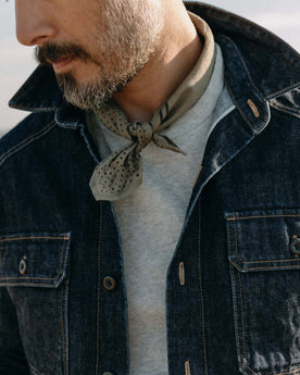 fit model showing off the collar on The Shop Shirt in Rinsed Indigo Selvedge, Wovens by Taylor Stitch