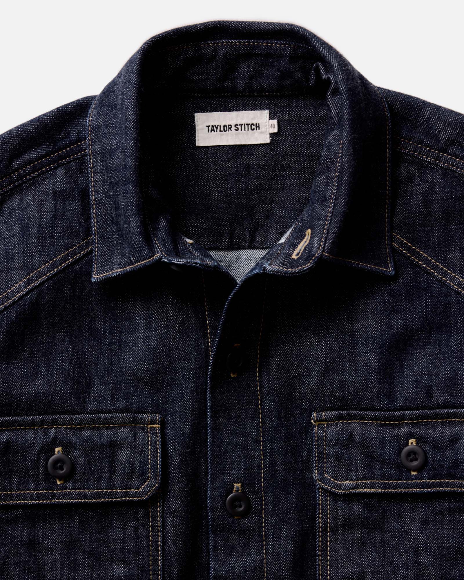 material shot of the collar on The Shop Shirt in Rinsed Indigo Selvedge, Wovens by Taylor Stitch
