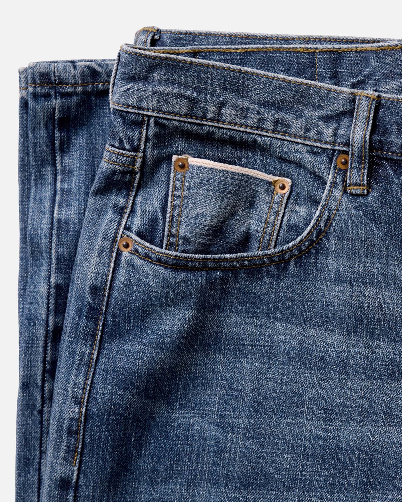 material shot of the pockets on The Straight Jean in Mid Wash Organic Selvedge, Bottoms by Taylor Stitch