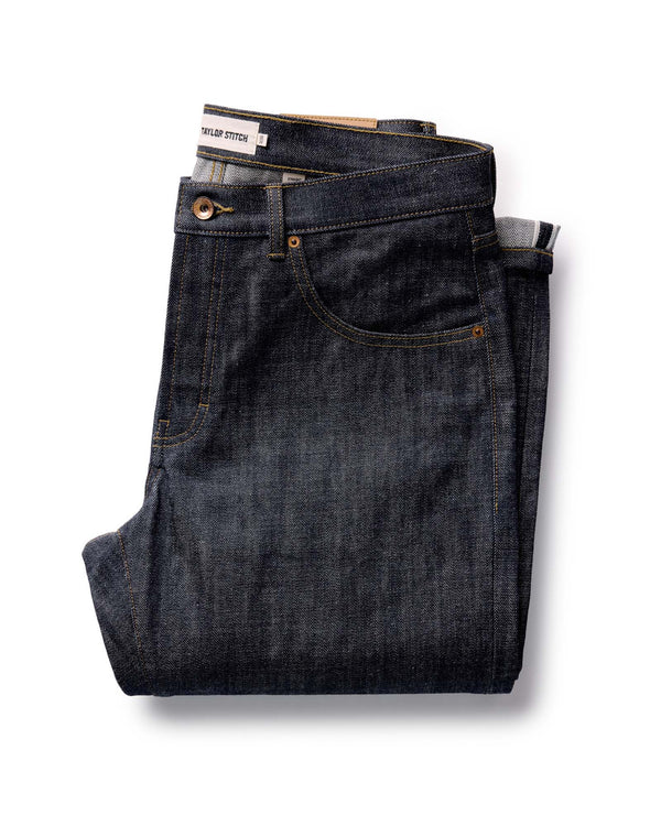folded flatlay of The Straight Jean in Rigid Organic Selvedge