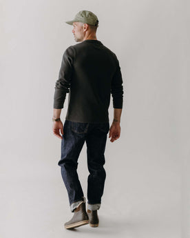 fit model walking wearing The Straight Jean in Rigid Organic Selvedge, Bottoms by Taylor Stitch