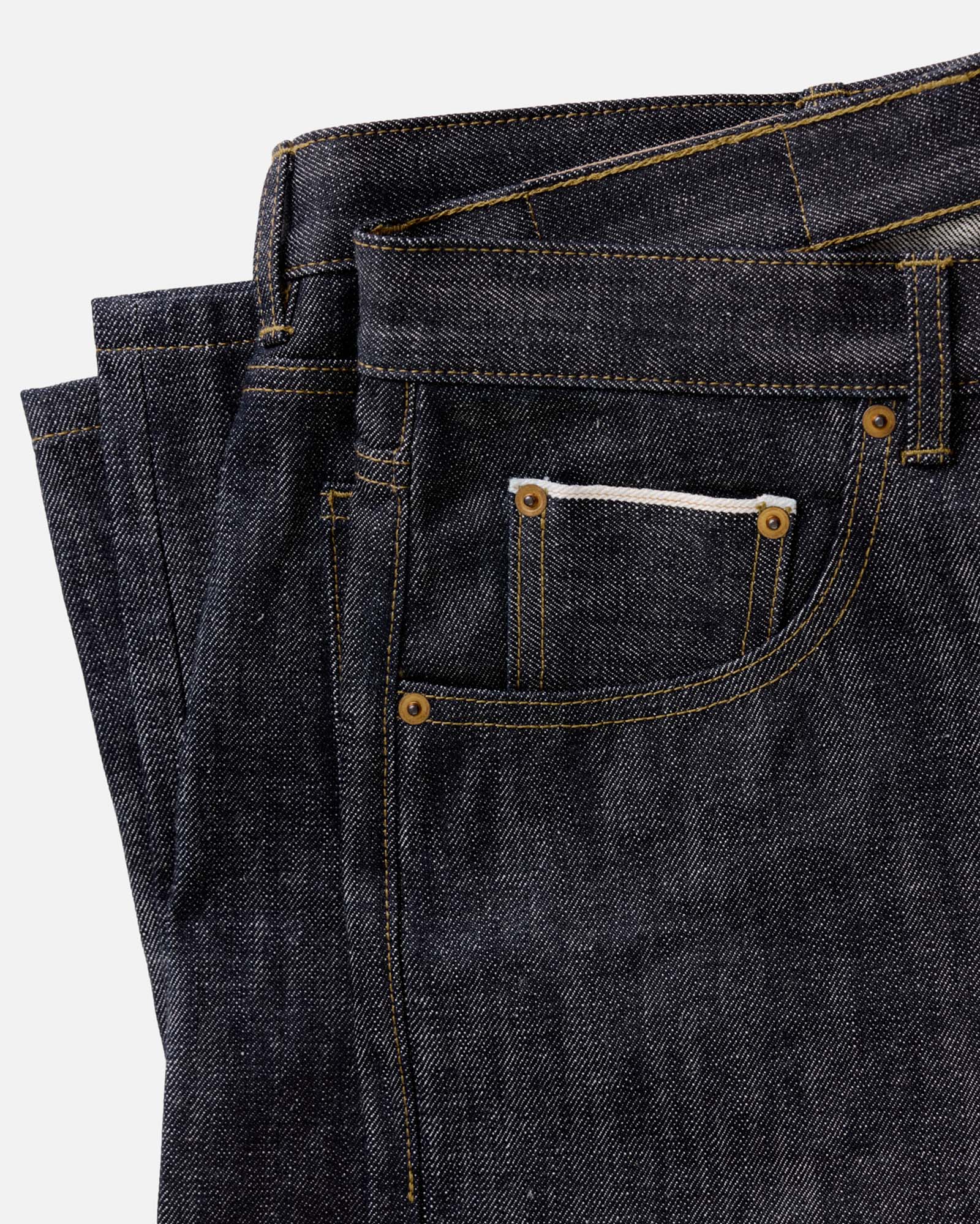 material shot of the waistband on The Straight Jean in Rigid Organic Selvedge, Bottoms by Taylor Stitch