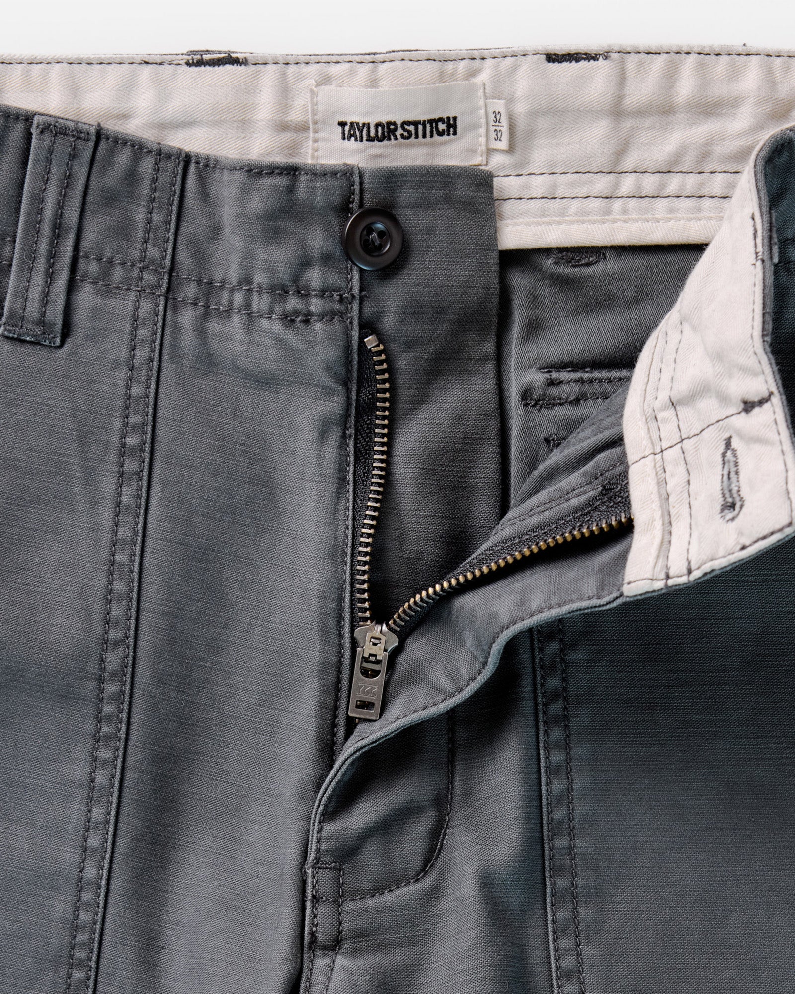 material shot of the zipper on The Surplus Pant in Faded Black Reverse Sateen, Bottoms by Taylor Stitch
