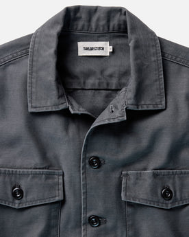 material shot of the collar on The Surplus Shirt in Faded Black Reverse Sateen, Wovens by Taylor Stitch