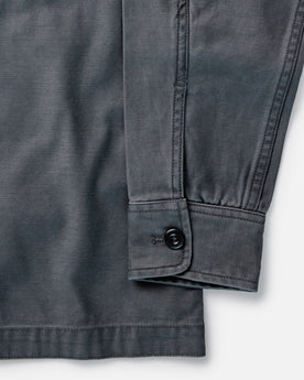 material shot of the sleeve on The Surplus Shirt in Faded Black Reverse Sateen, Wovens by Taylor Stitch
