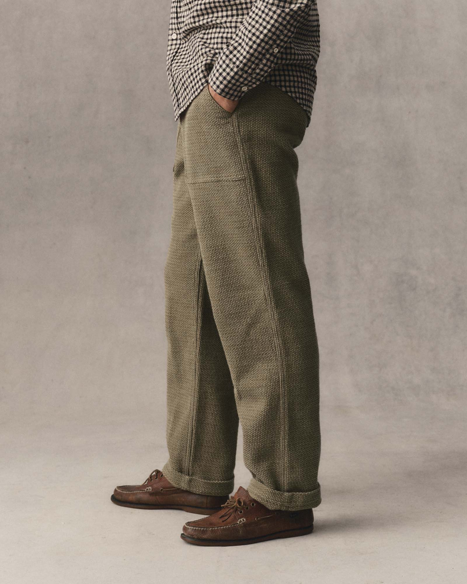 fit model posing in The Breakwater Pant in Cypress Sashiko, Bottoms by Taylor Stitch