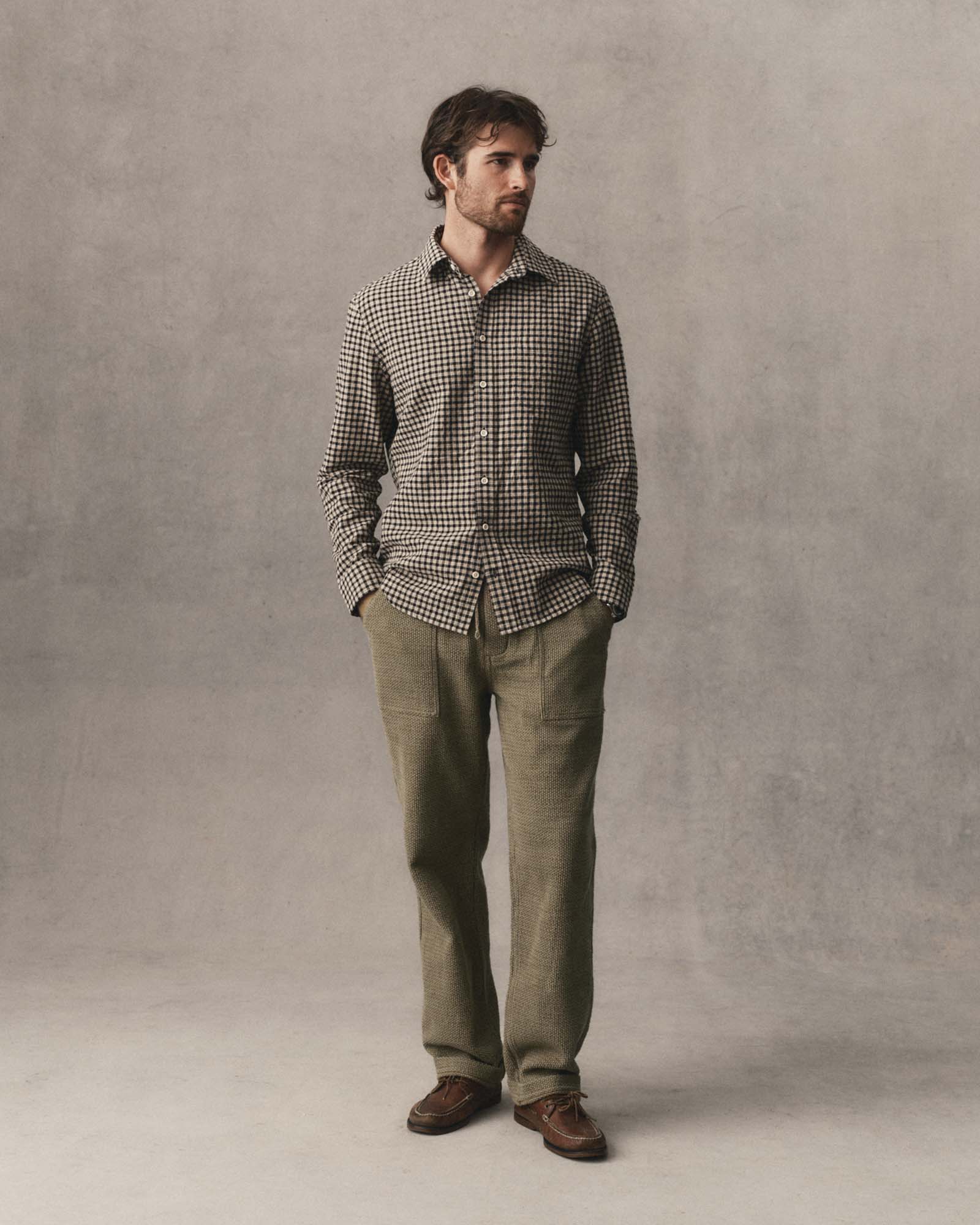 fit model showing off The Breakwater Pant in Cypress Sashiko, Bottoms by Taylor Stitch