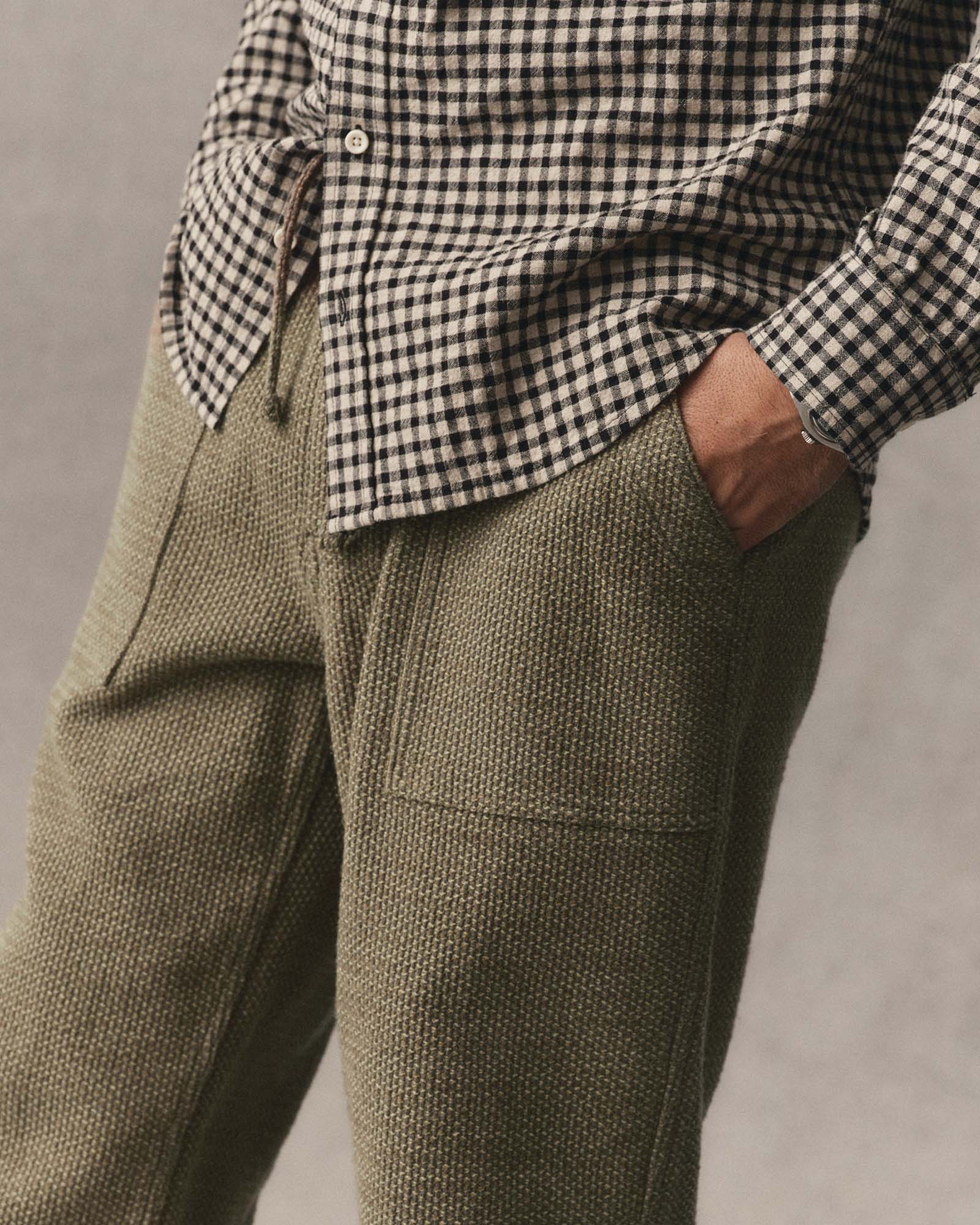 fit model with his hands in his pocket wearing The Breakwater Pant in Cypress Sashiko, Bottoms by Taylor Stitch