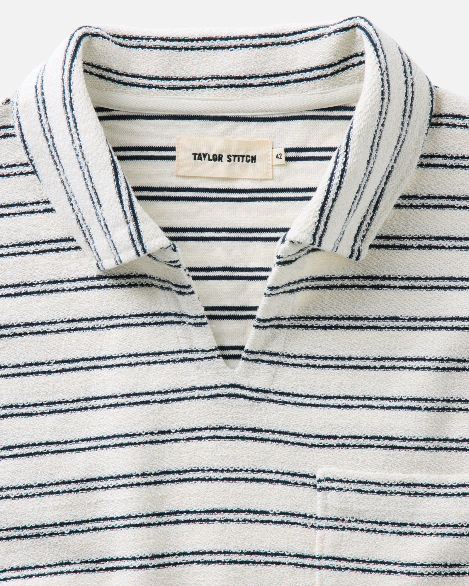 material shot of the collar on The Meridian Polo in Marine Stripe, Knits by Taylor Stitch