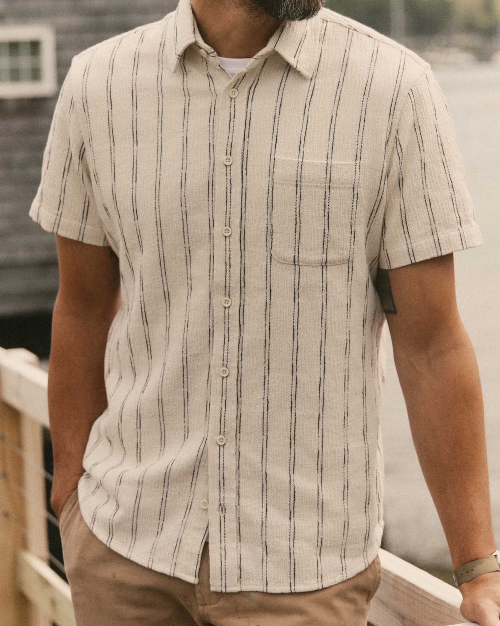 fit model showing off The Short Sleeve California in Tide Stripe Hacci, Wovens by Taylor Stitch