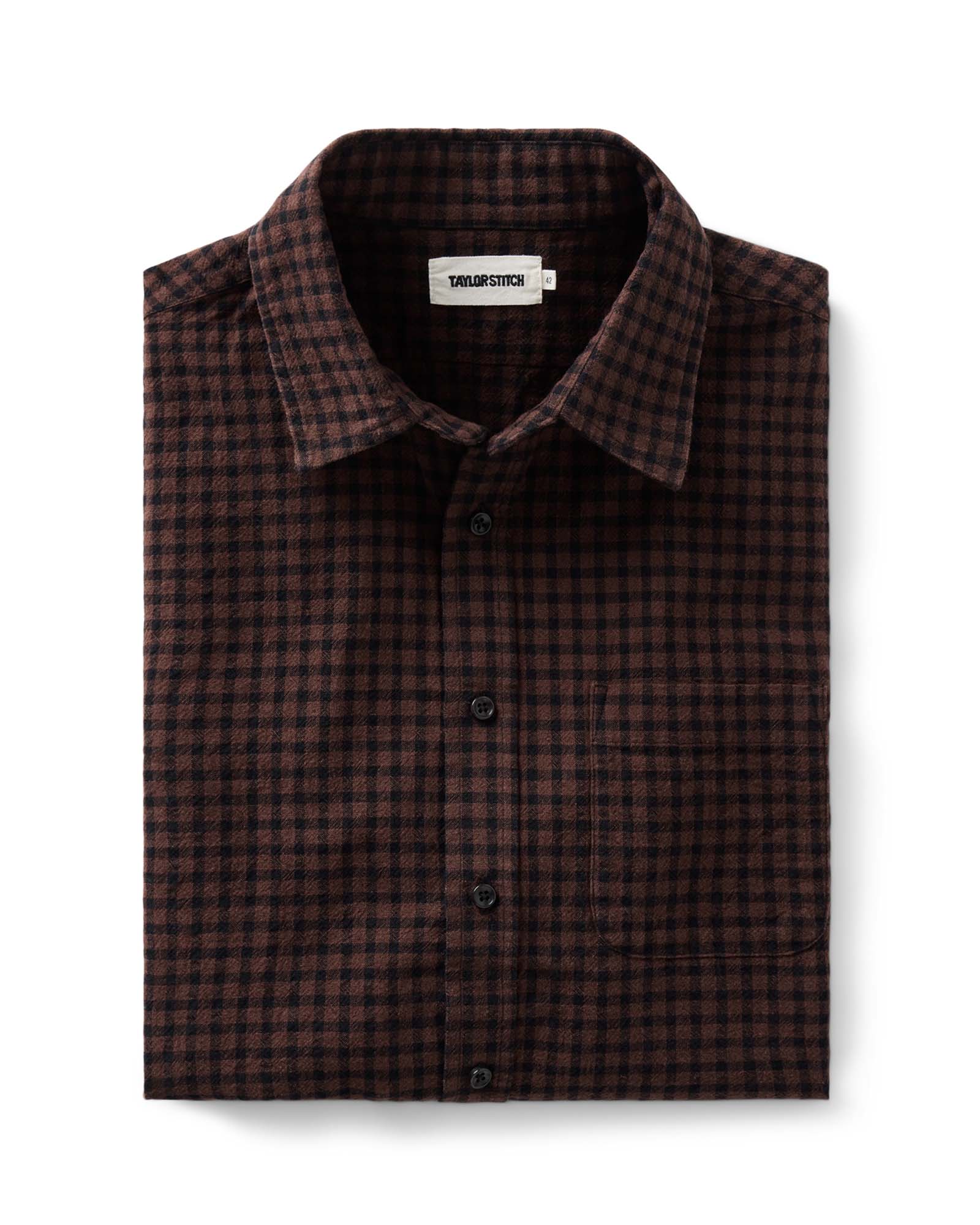 folded flatlay of The California Shirt in Black Cherry Gingham, Wovens by Taylor Stitch