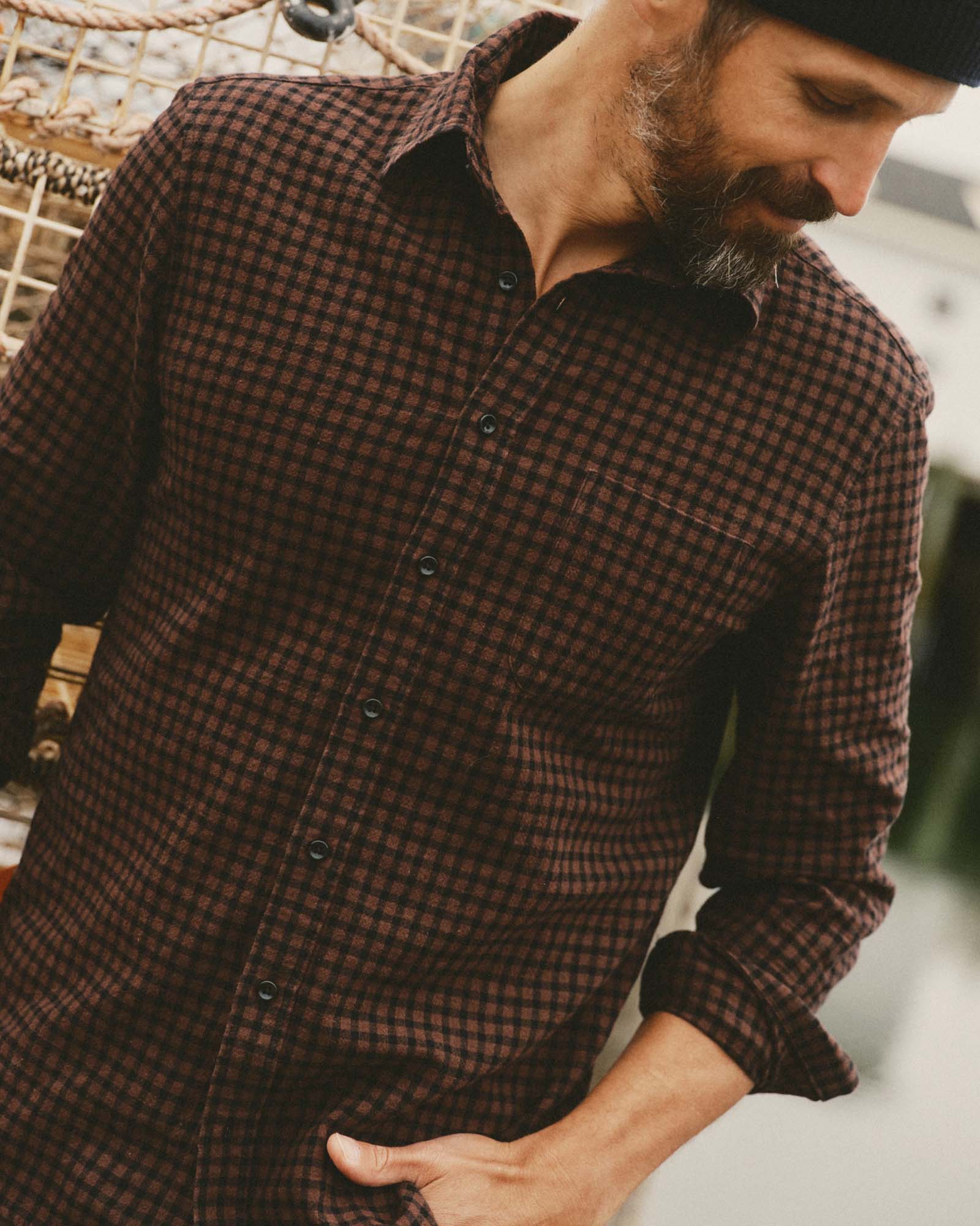 fit model showing off The California Shirt in Black Cherry Gingham, Wovens by Taylor Stitch