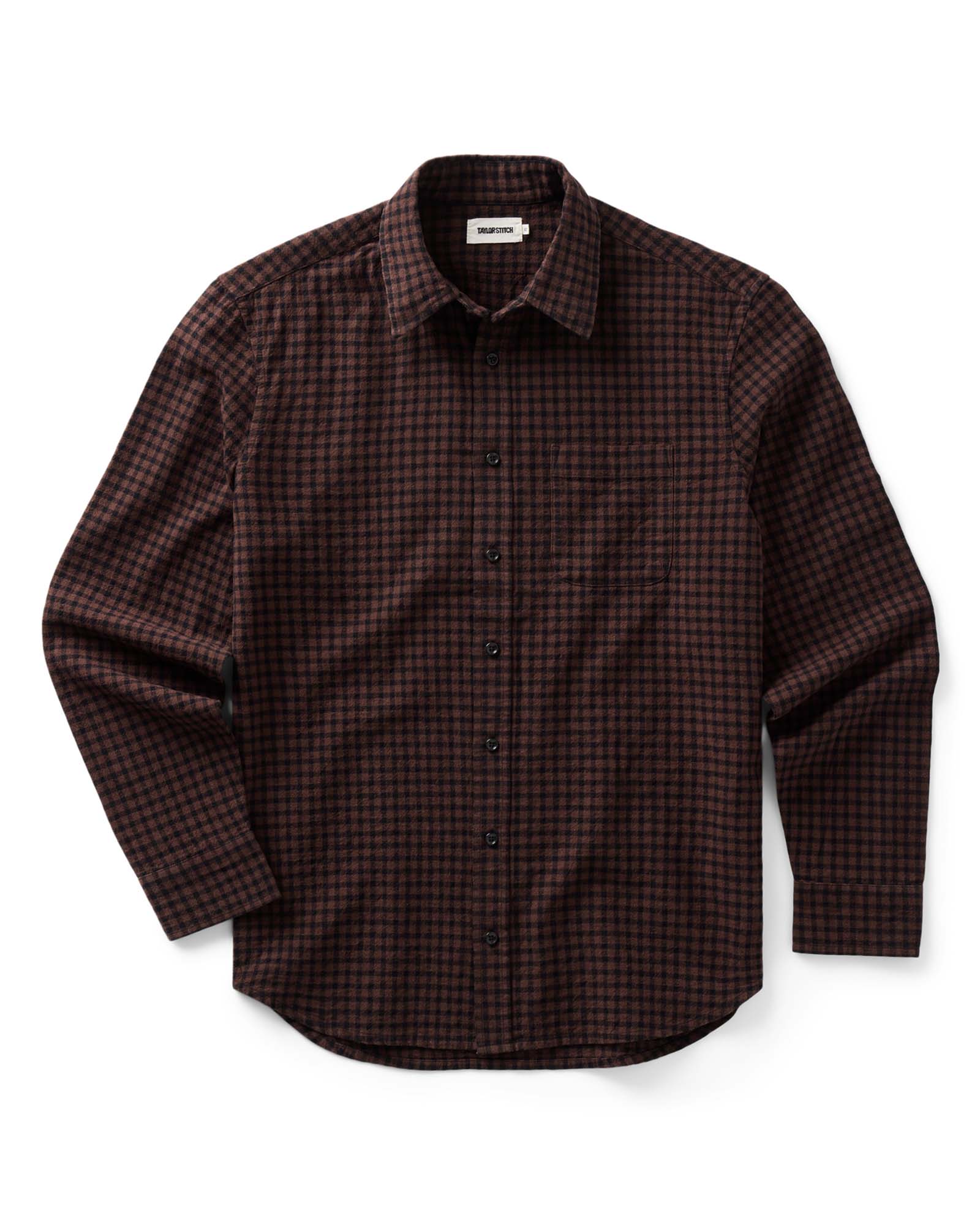 flatlay of The California Shirt in Black Cherry Gingham, Wovens by Taylor Stitch