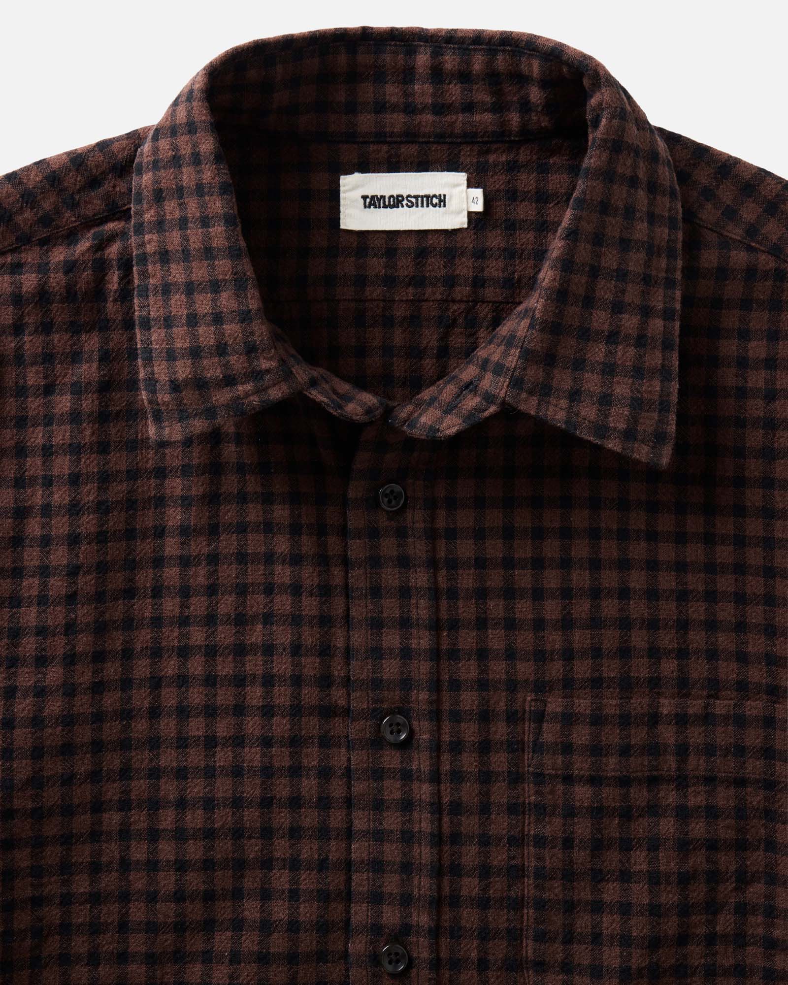 material shot of the collar on The California Shirt in Black Cherry Gingham, Wovens by Taylor Stitch