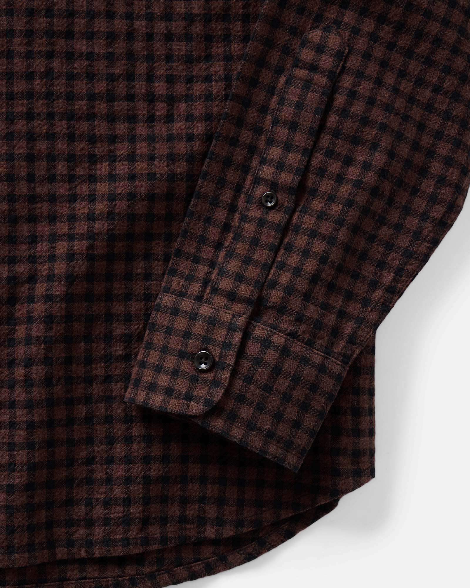 material shot of the sleeve on The California Shirt in Black Cherry Gingham, Wovens by Taylor Stitch