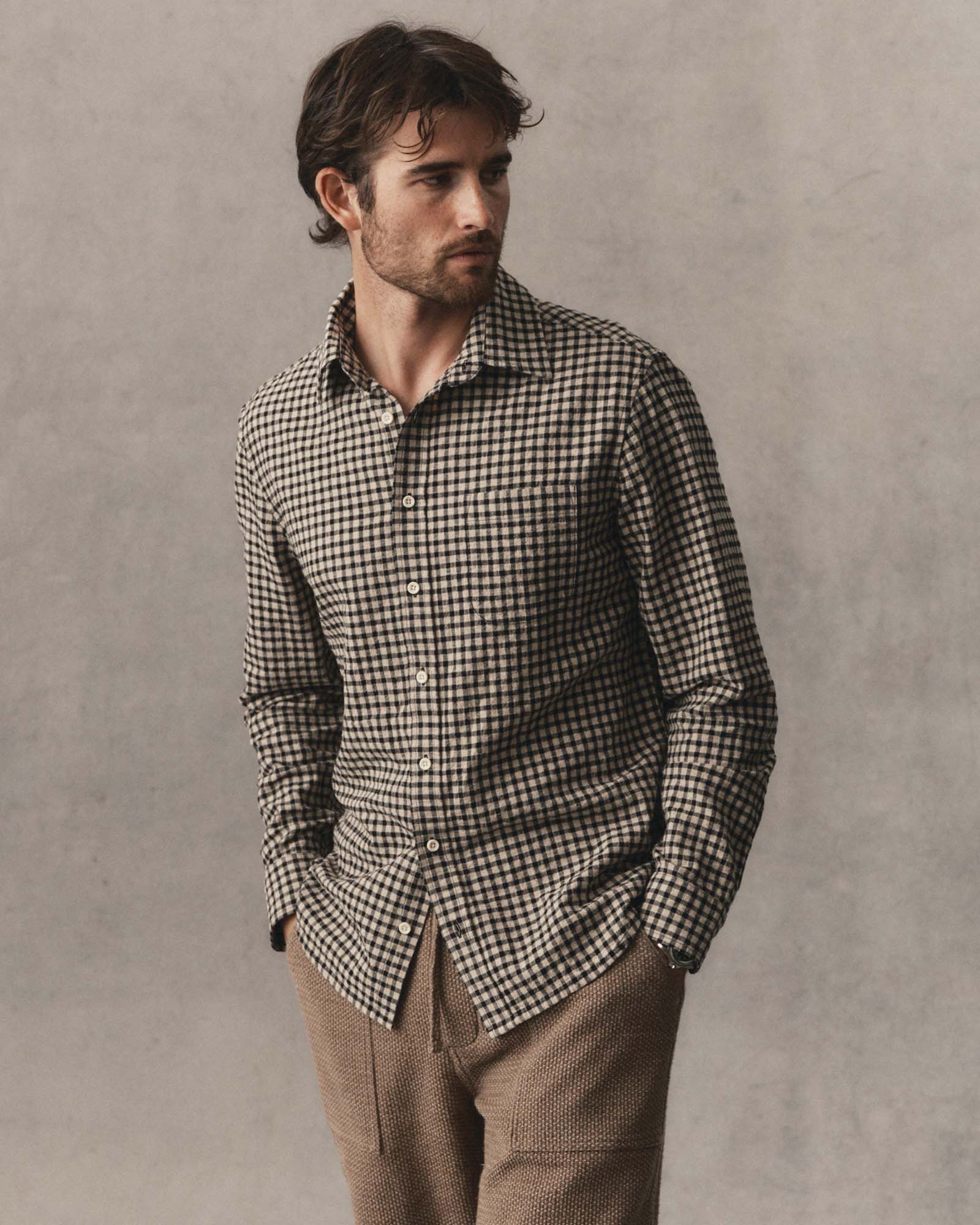 fit model posing in The California Shirt in Breaker Gingham, Wovens by Taylor Stitch