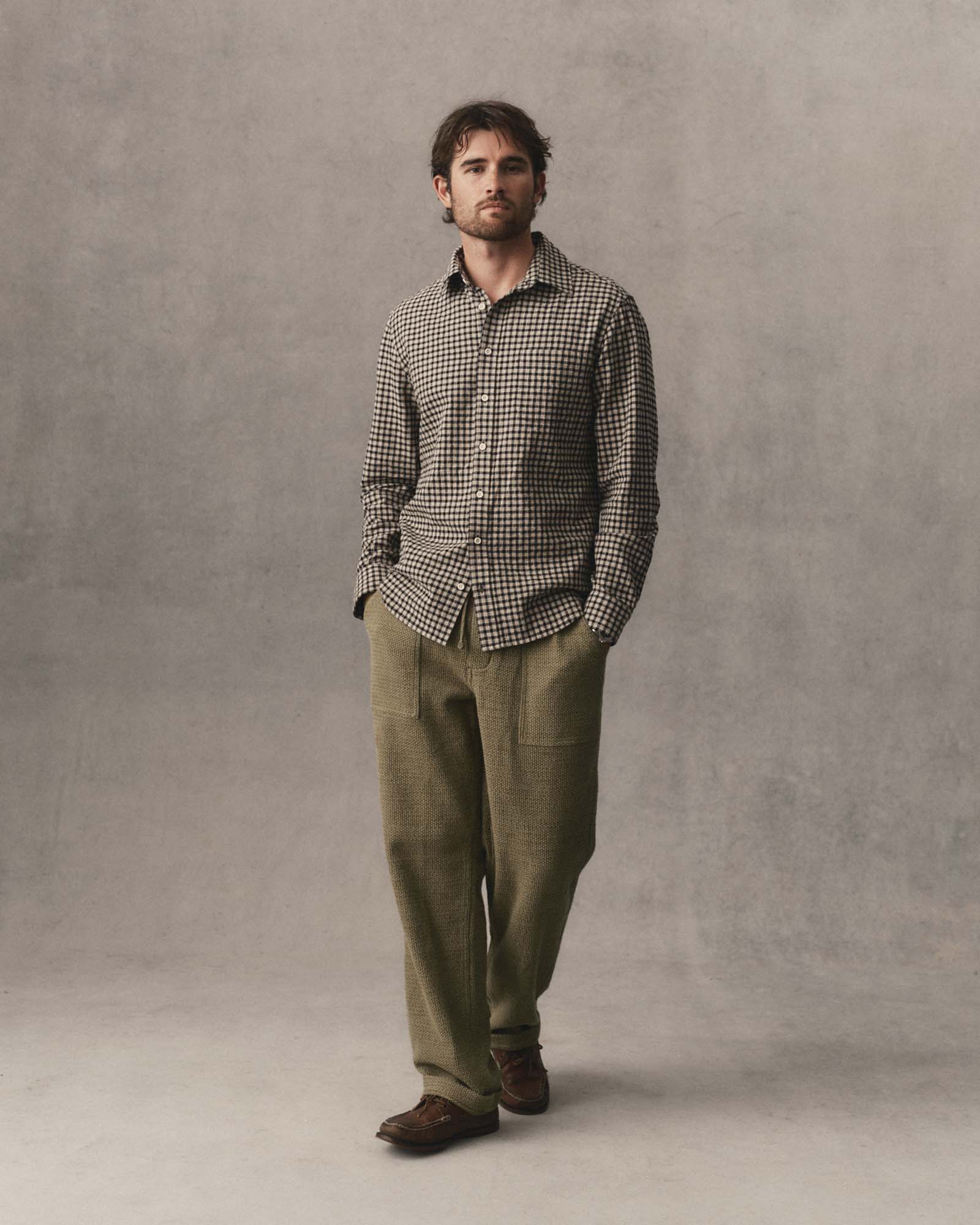 fit model posing in The California Shirt in Breaker Gingham, Wovens by Taylor Stitch