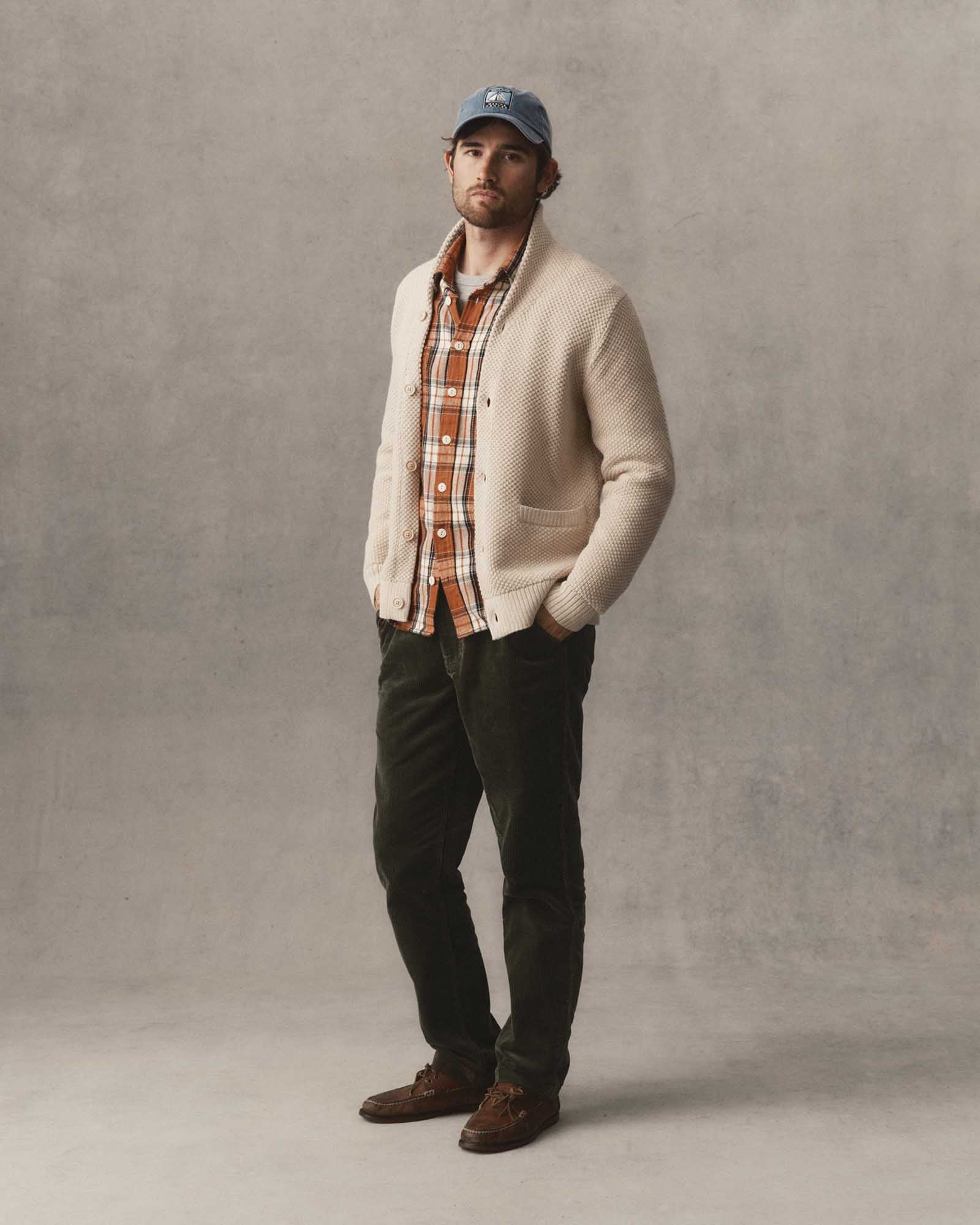 fit model wearing The Carnegie Pant in Smoked Olive Corduroy, Bottoms by Taylor Stitch