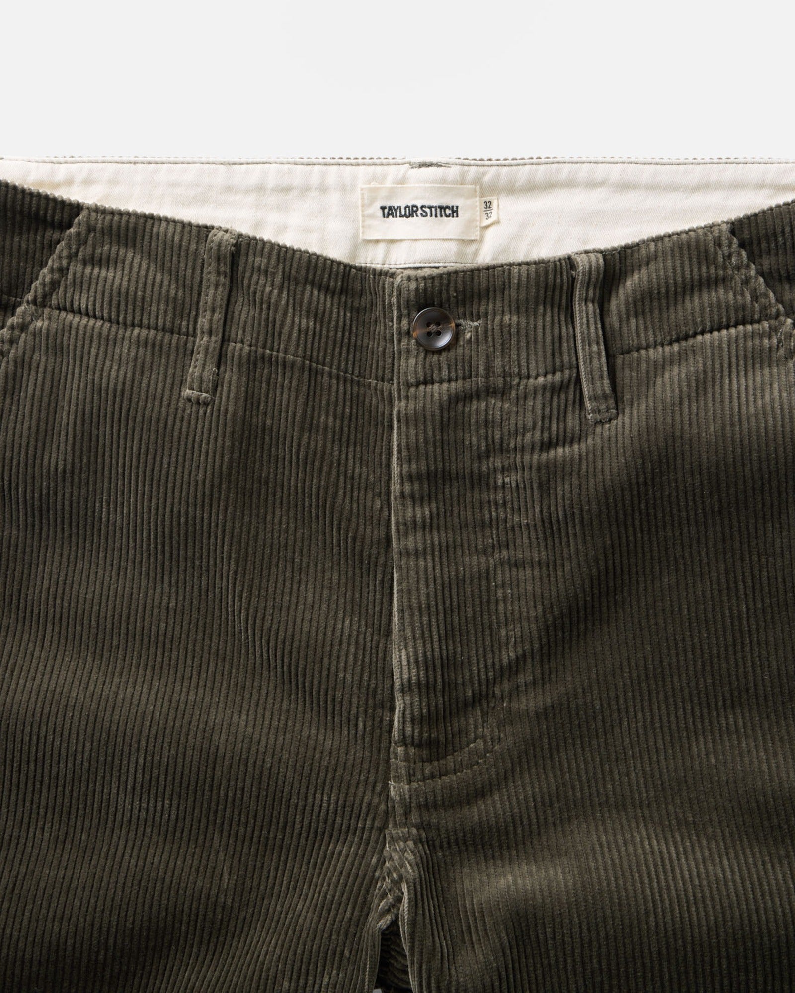 material shot of the waistband on The Carnegie Pant in Smoked Olive Corduroy, Bottoms by Taylor Stitch