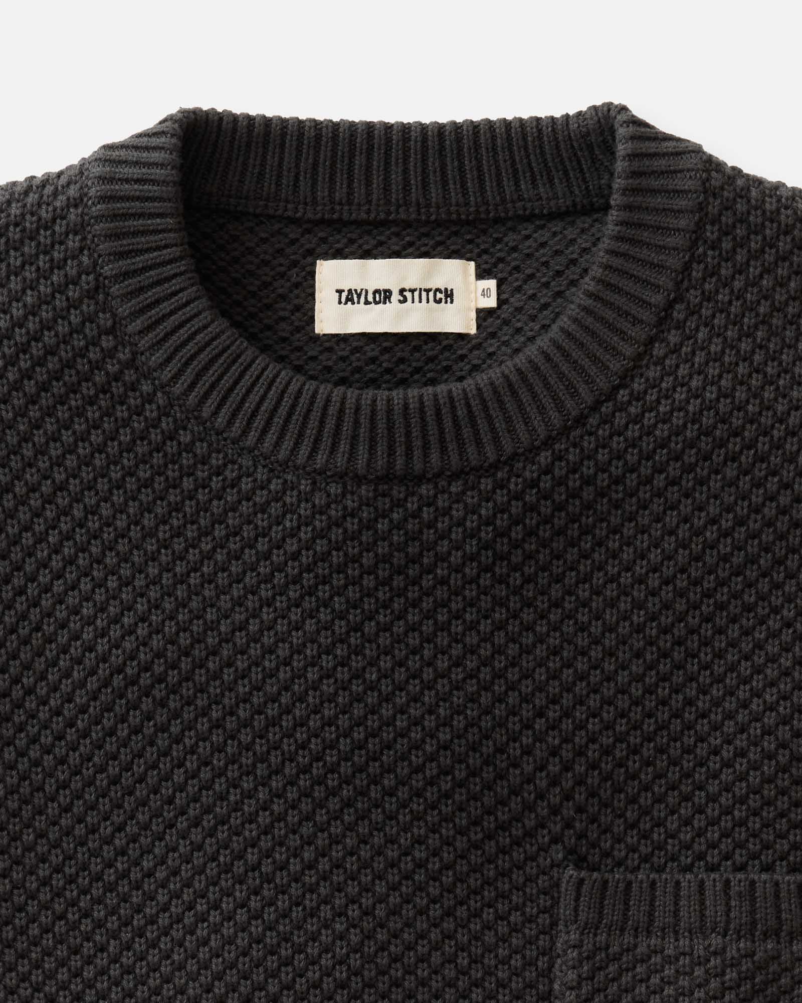 material shot of the collar on The Crawford Crew Sweater in Charcoal, Sweaters by Taylor Stitch