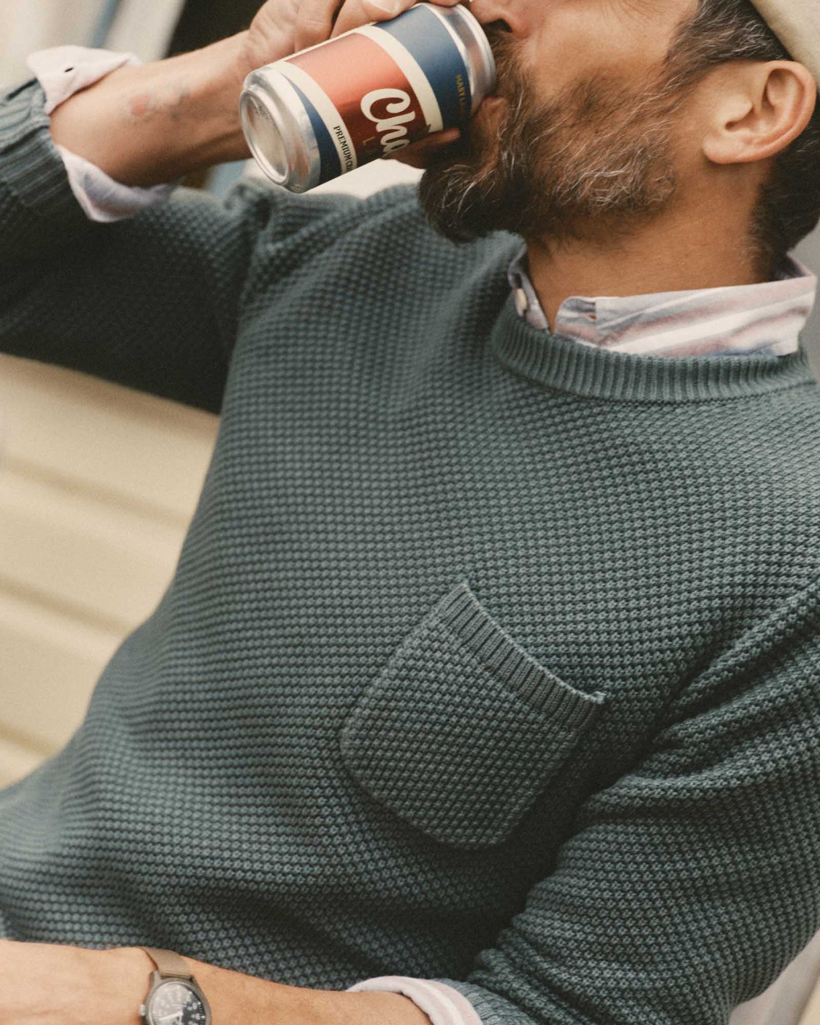 fit model showing off The Crawford Crew Sweater in Faded Spruce, Knits by Taylor Stitch