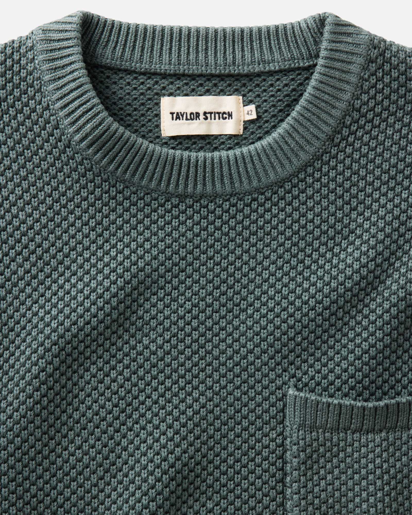 material shot of the collar on The Crawford Crew Sweater in Faded Spruce, Knits by Taylor Stitch