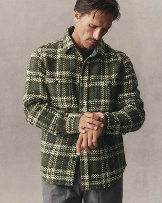 fit model posing in The Cutter Overshirt in Buzzard Check